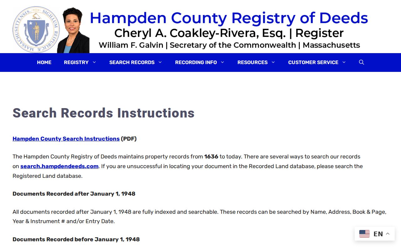 Hampden Grantor and Grantee instructions for Springfield previous residents deed research