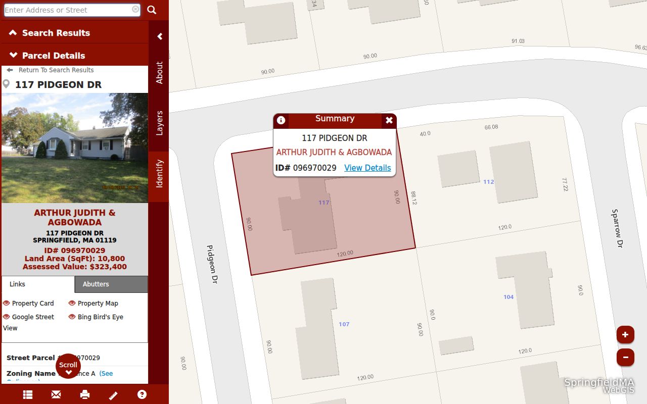 Springfield residents directory GIS parcel details and map controls